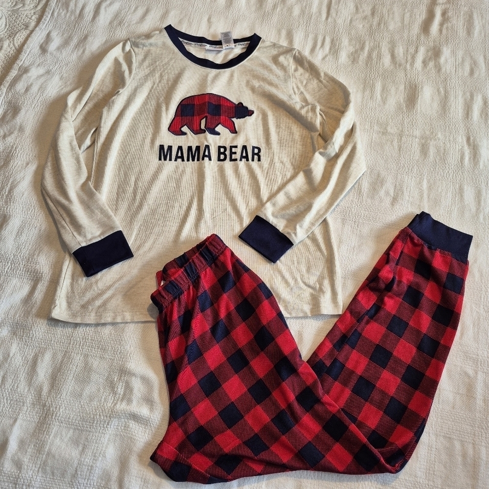 Dearfoams women's size small 4/6 Mama Bear pajama set, buffalo plaid VGUC